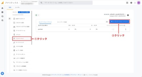 ④管理画面から「コンバージョン」を選択し、「新しいコンバージョンイベント」をクリックします。