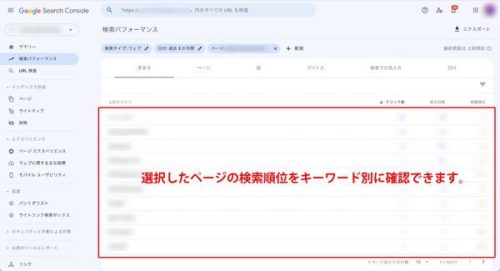 ②「クエリ」をクリックすると、選択したページの検索順位をキーワード別に確認できます。