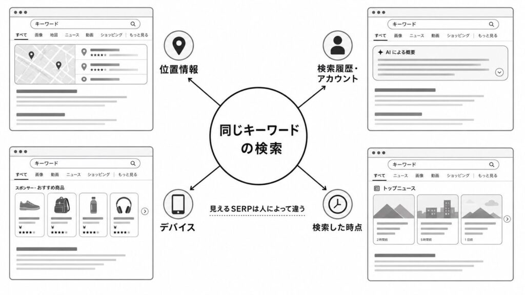 位置情報・検索履歴・デバイス・検索時点によってSERPの表示内容が変わることを示す図